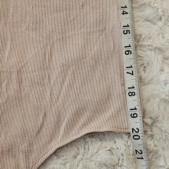 Poof New York bodysuit beige twist knot front long sleeve ribbed snaps Large - Picture 6 of 15